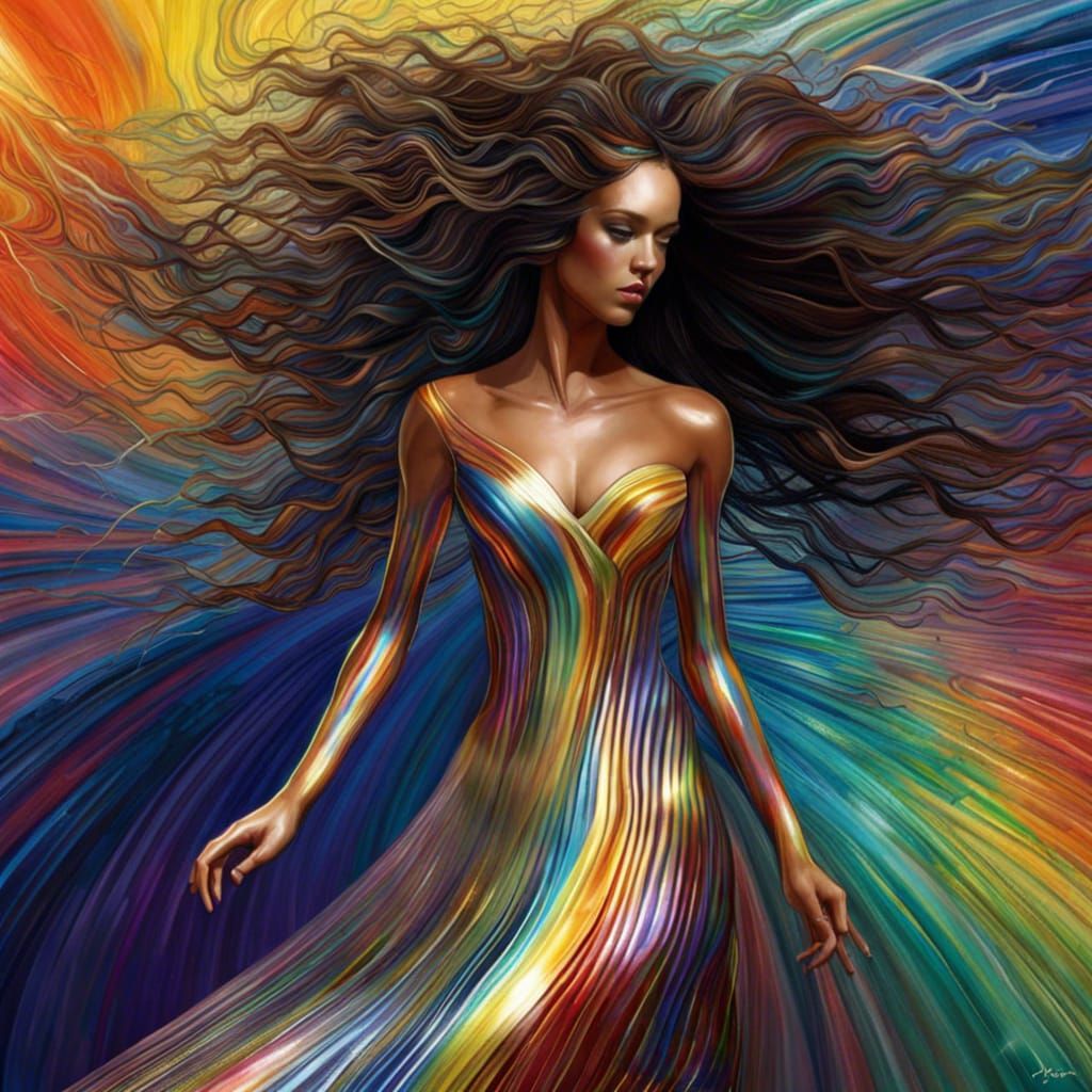 Iridescent Rainbow Dress with Flowing Hair, Digital Art