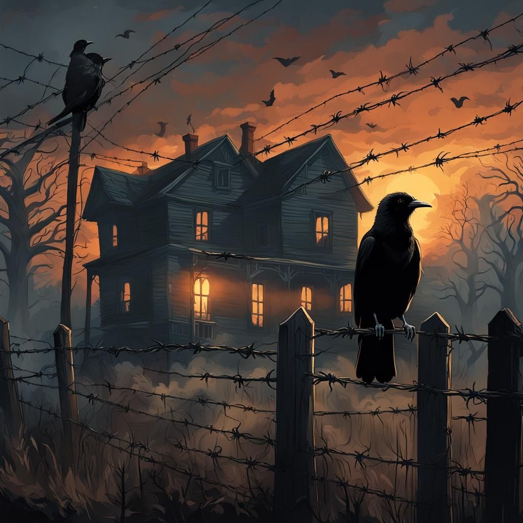 Black Bird on Barbed Wire in Film Noir Style