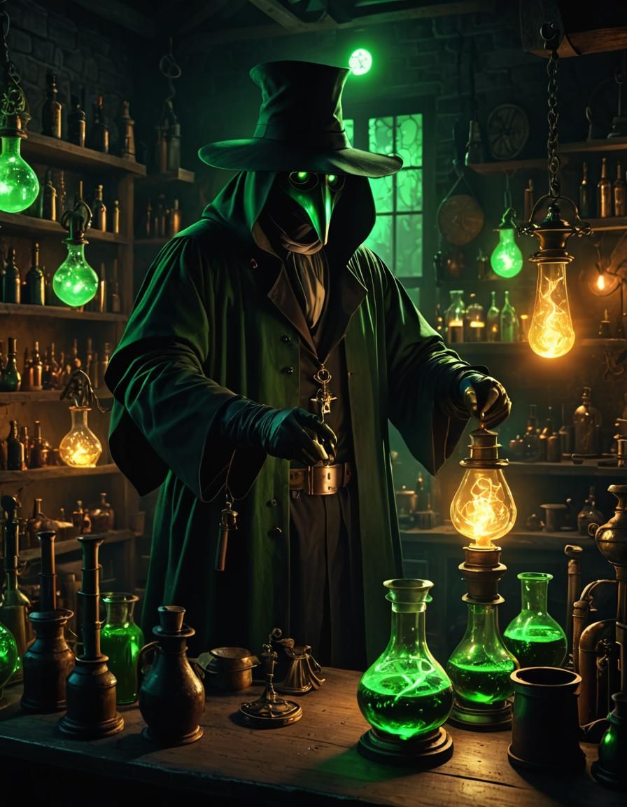 Plague Doctor Creates Glowing Elixir in Laboratory