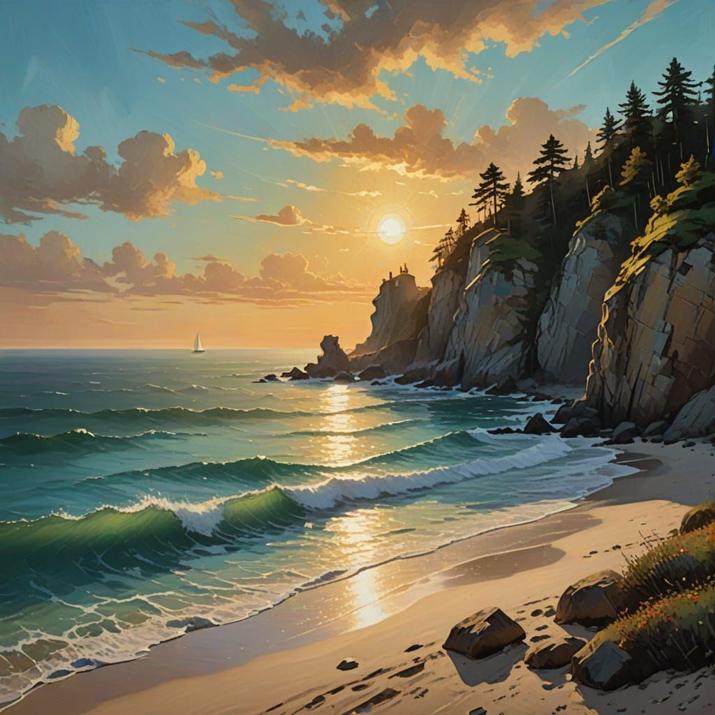 Secluded Beach at Sunset: A Photorealistic Coastal View