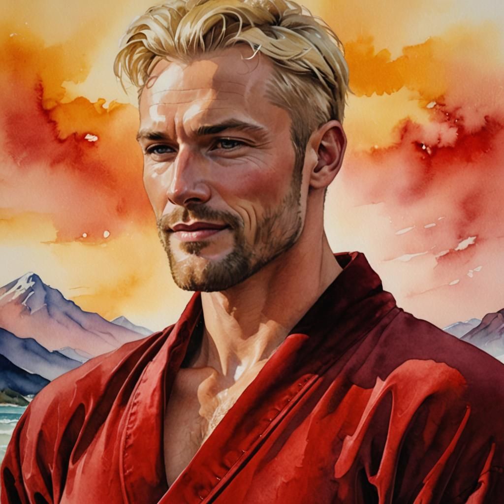 Blond Man in Red Robe, Neo-Impressionist Impasto Painting