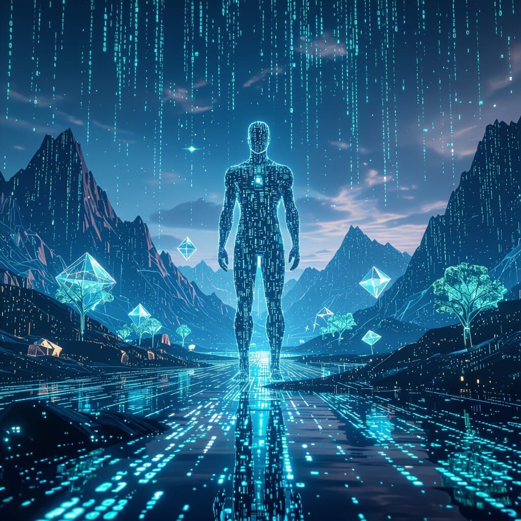 Digital Binary Code Landscape with Holographic Figure