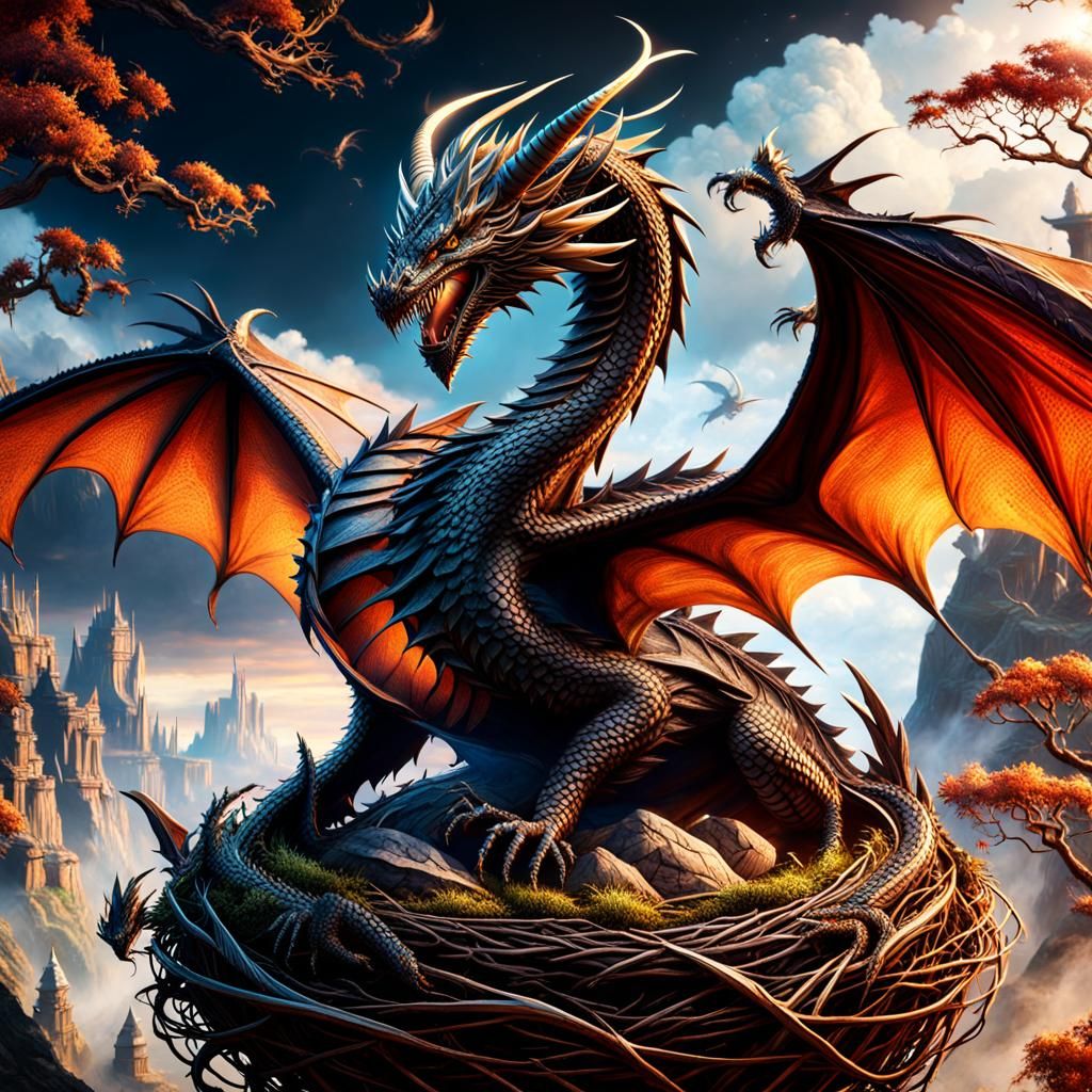 Dragon Flying Over Nest in Detailed Matte Painting