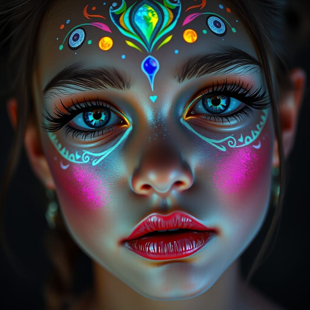 Girl with Iridescent Face Painting Embodies Anahata Chakra