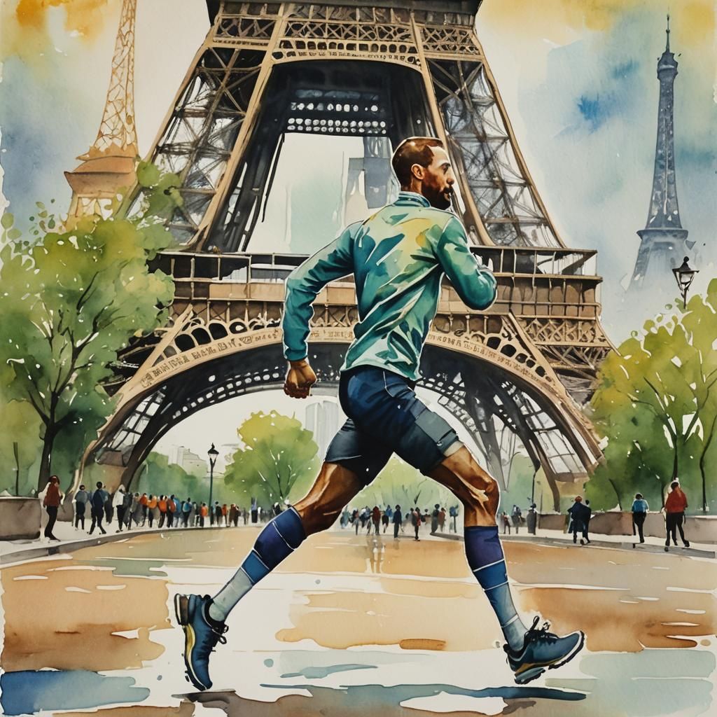 Runner Under Eiffel Tower in Watercolor Style