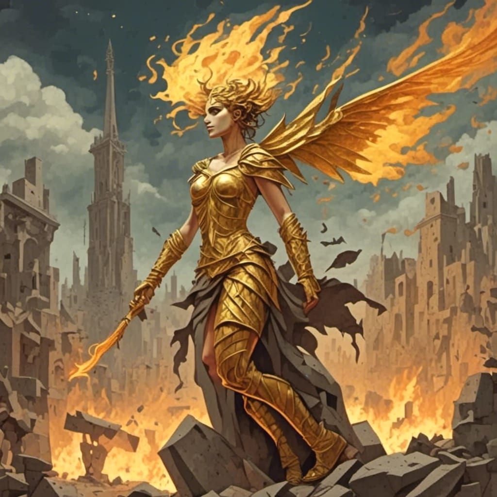 Golden Goddess in Apocalyptic Landscape