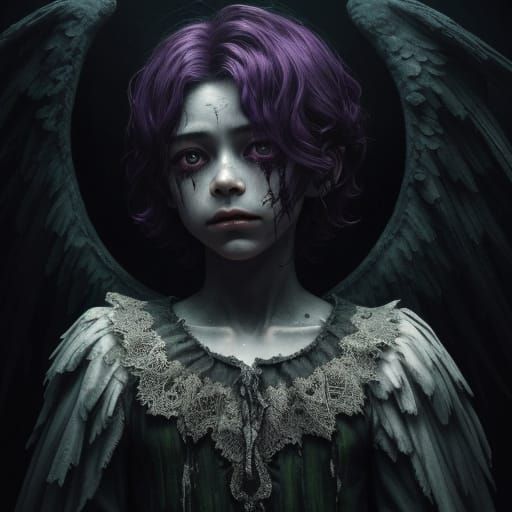 Ominous Child Angel in Dark Attic Oil Painting