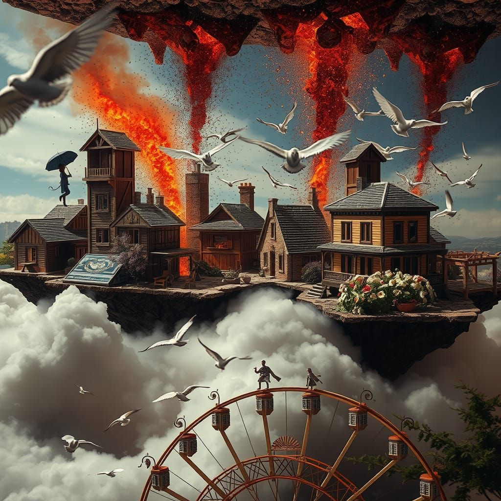 Miniature Cityscape Disintegration in Hyperreal Cartoon Styl...