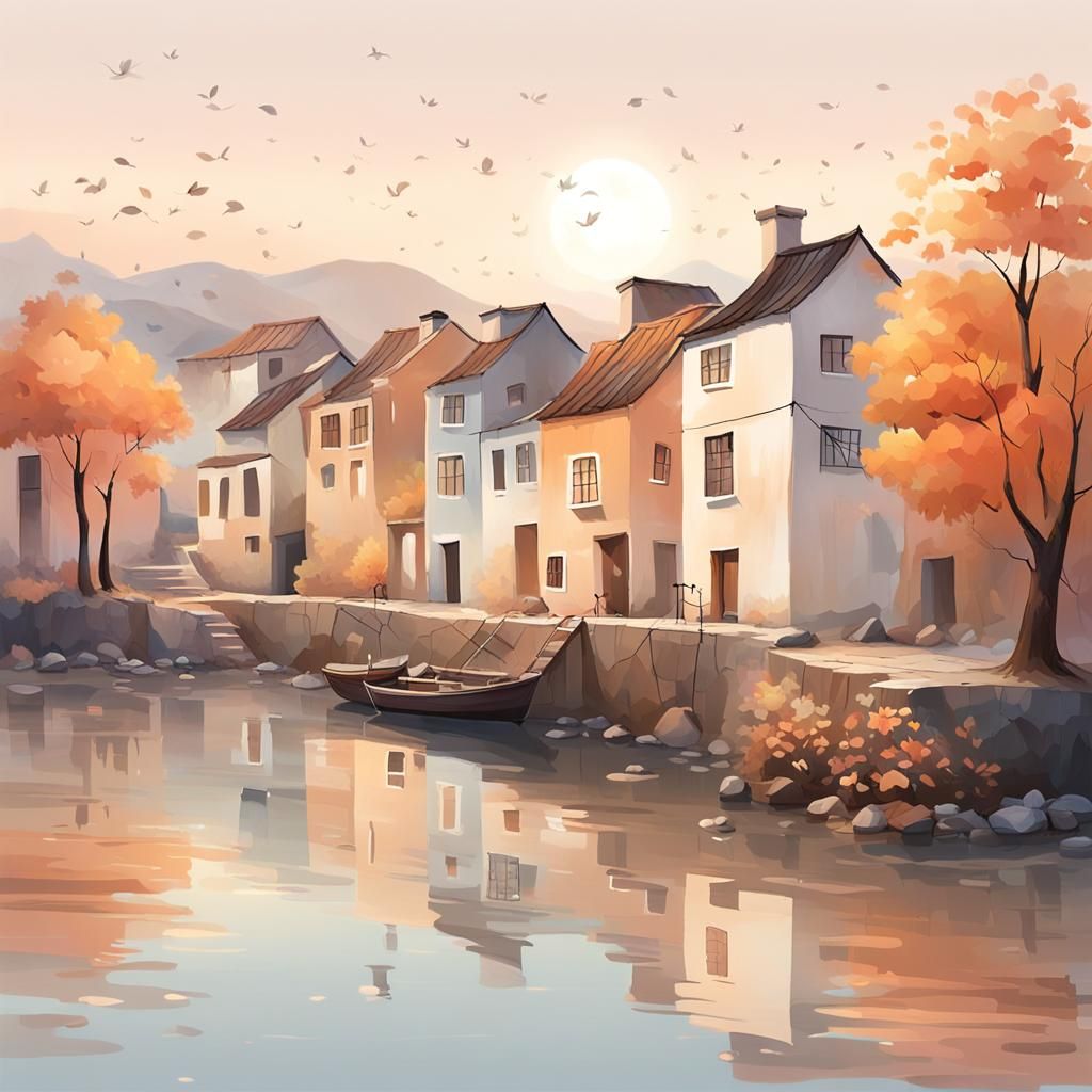 Peaceful Lakeside Village in Pastel Colors