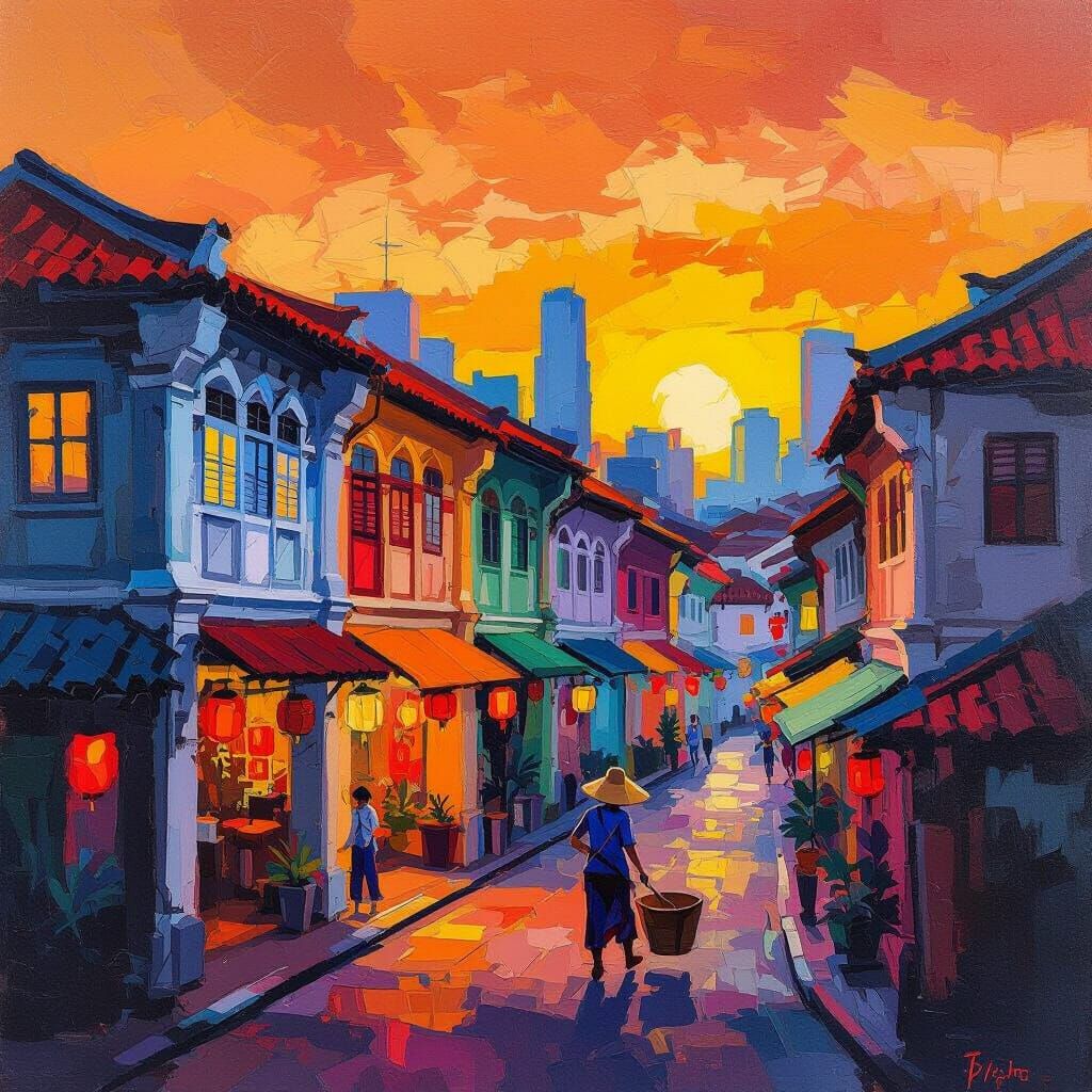 Vibrant Chinatown Sunrise with Samsui Woman, Fauvist Art