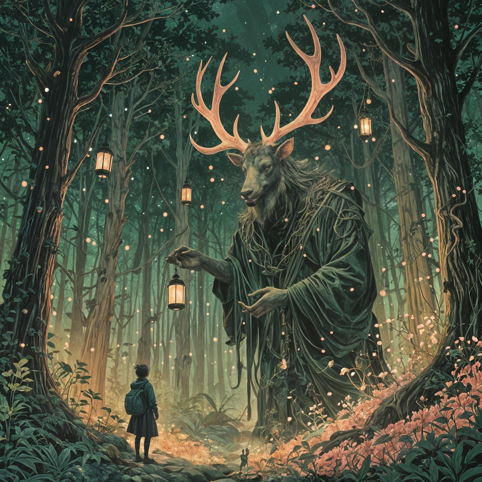 Elder Forest God Lights Lanterns in Dark Forest