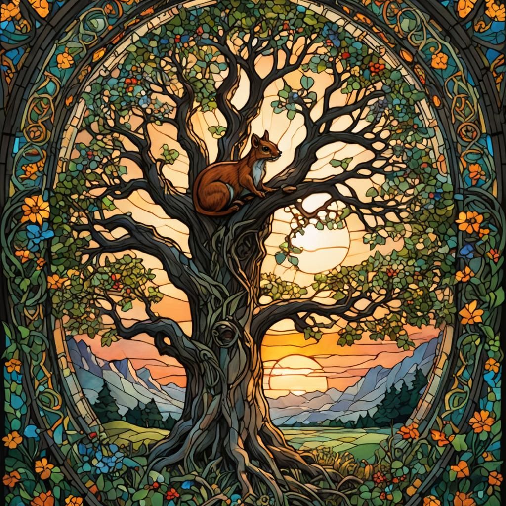 Stained Glass Oak Tree with Celtic Fairy, Art Nouveau
