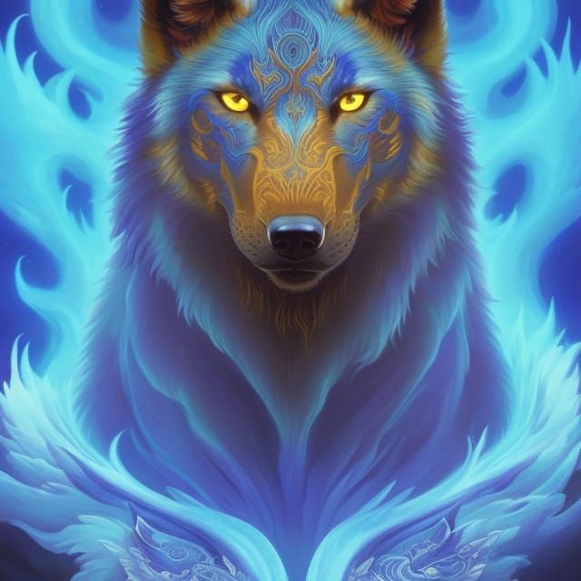Blue Fire Wolf Spirit in Hyperdetailed Fantasy Art