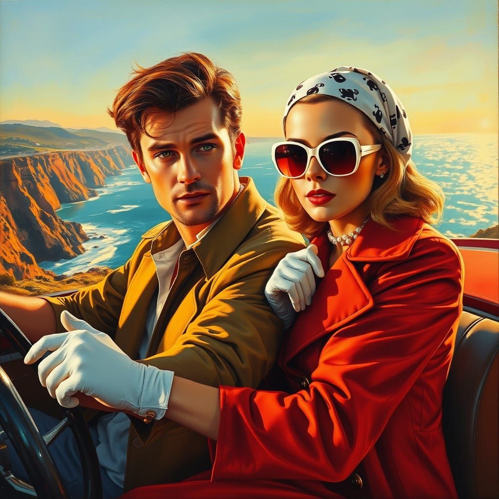 Romantic California Sunset Drive as Impressionistic Oil Pain...