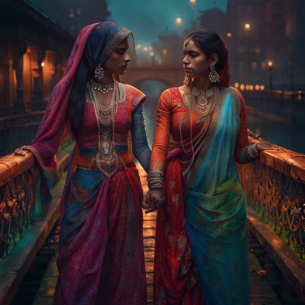 Indian Women on Bridge in Rococo Fantasy Style