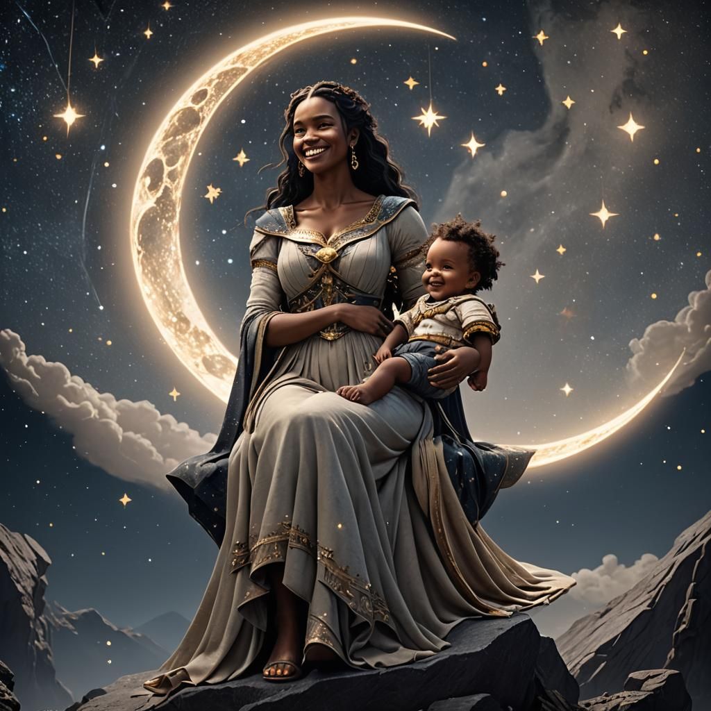 Starry Night Fantasy Character with Toddler on Moon