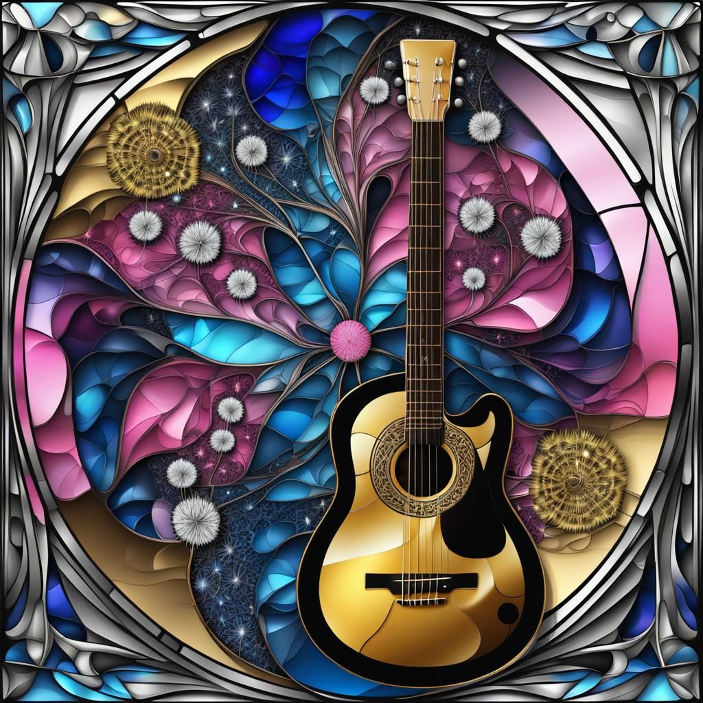 Stained Glass Art: Guitar and Dandelion Design