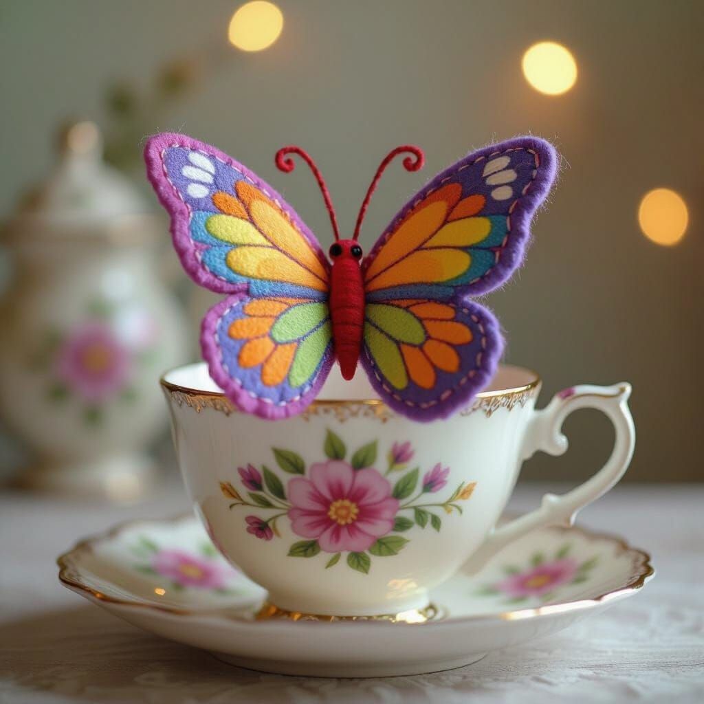 Felt Rainbow Butterfly on Teacup in Stop-Motion Style