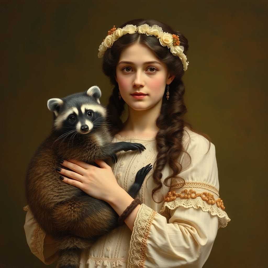Edwardian Woman Holding a Raccoon