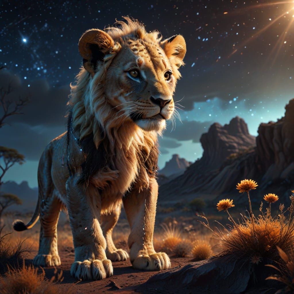 Majestic Lion Cub on Alien Savanna in Hyperrealistic Digital...