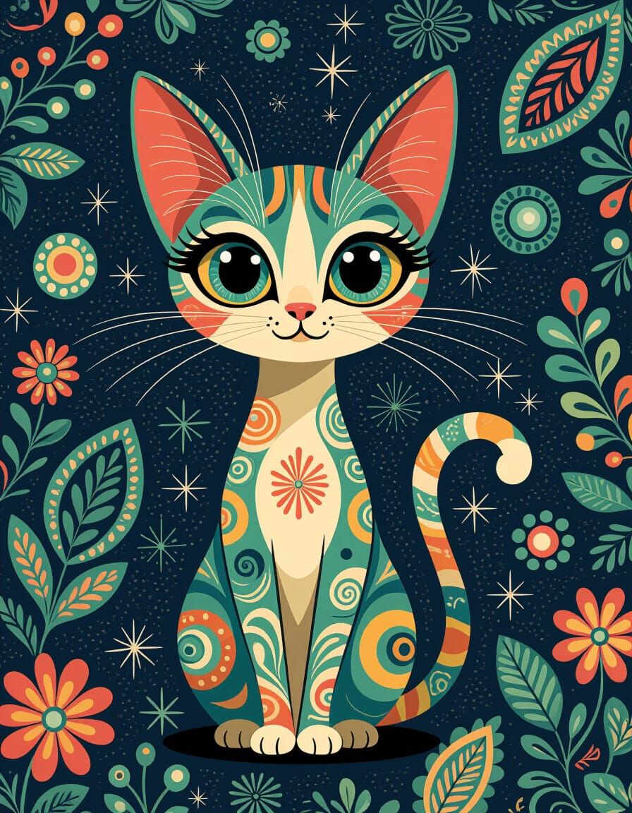 Vibrant Cat in Atomic Mid-Century Folk Art Style