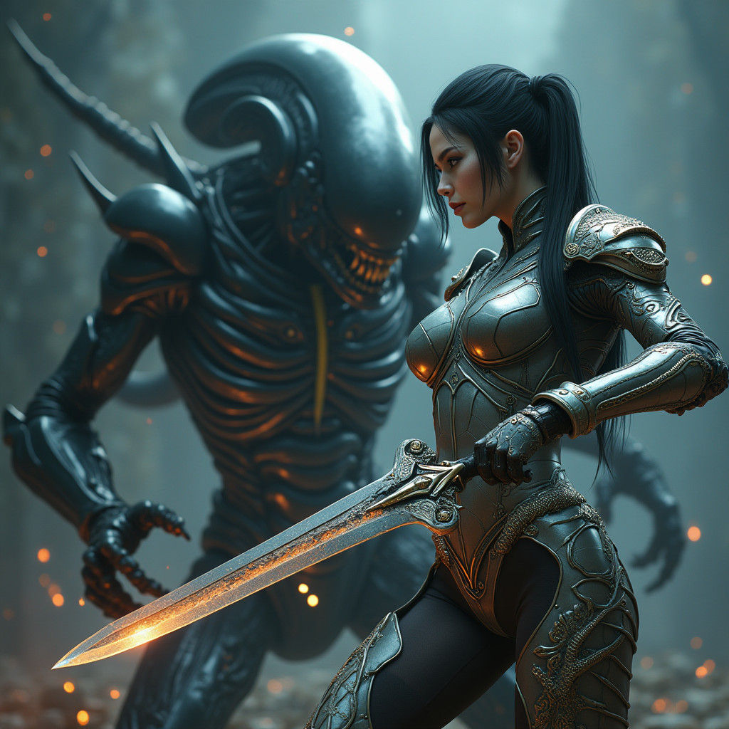 Elven Warrior Battles Xenomorph in Hyperrealistic 3D Anime S...