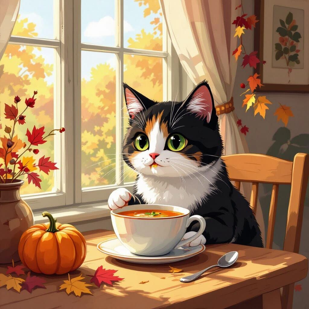 Cute Cat Enjoys Pumpkin Soup in Autumn Room