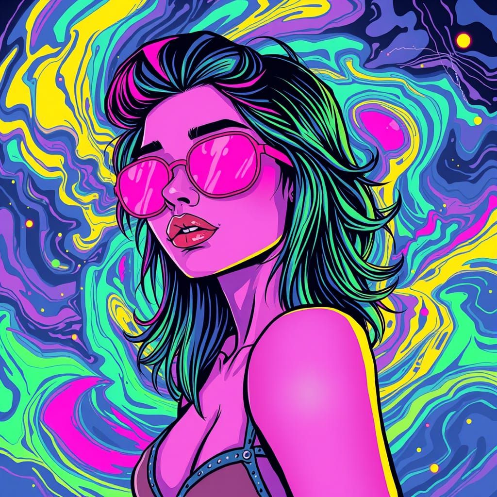 Hallucinatory Woman in Cartoon Style with Neon Colors