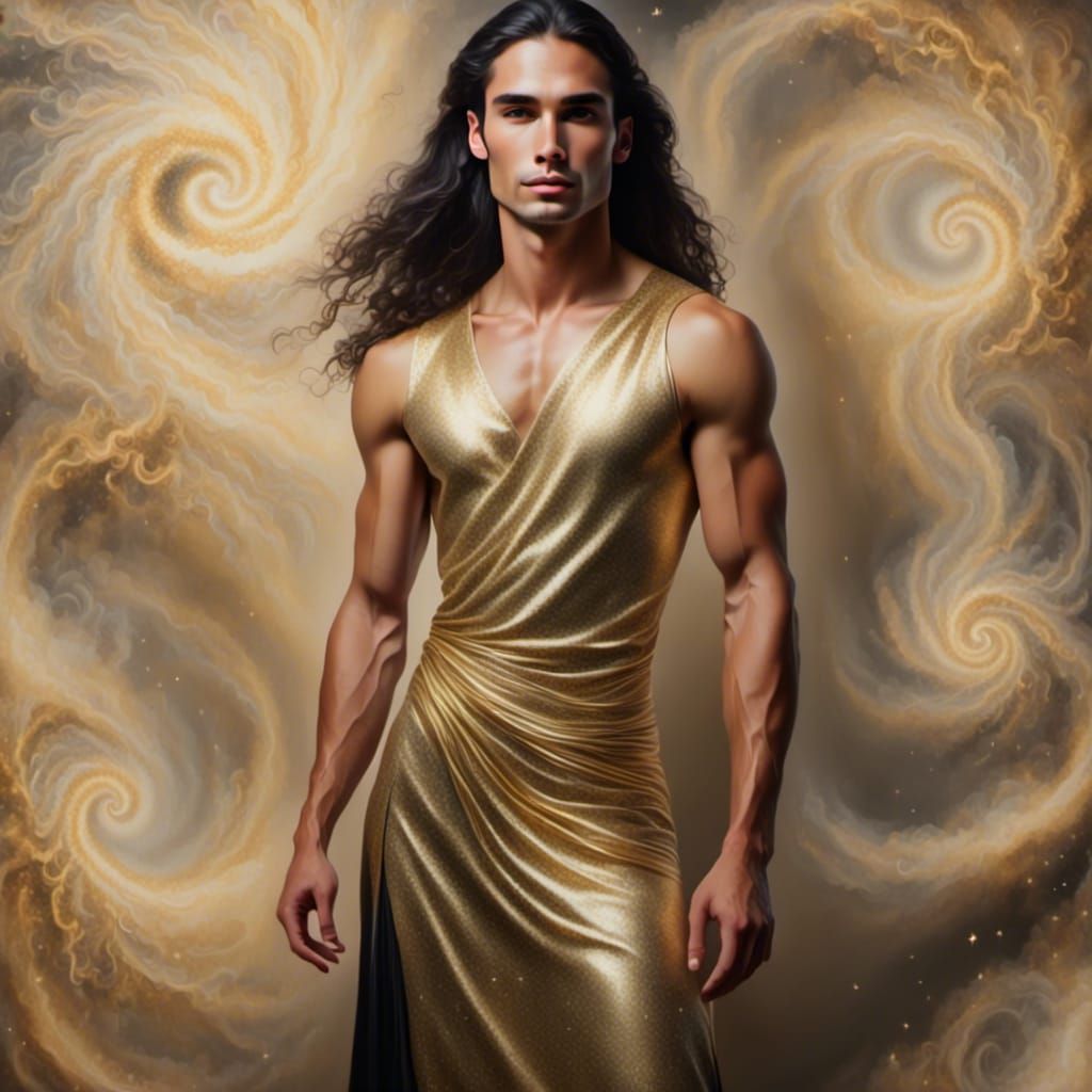 Polynesian Man in Gold Dress with Electrical Sparkles