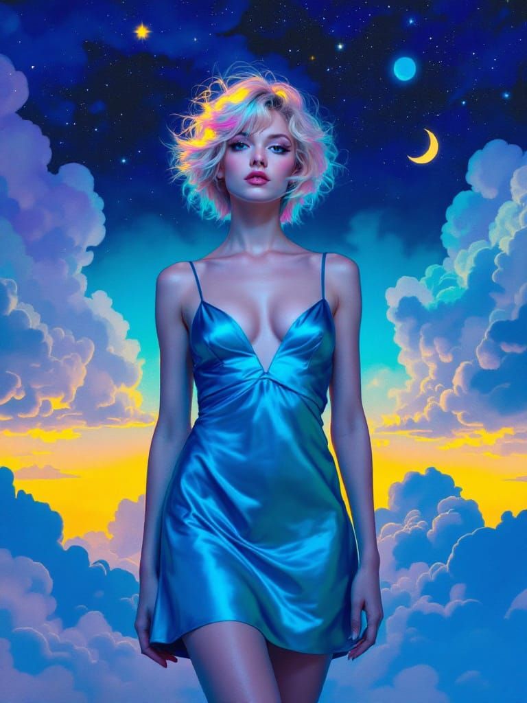 Pin-Up Woman With Pink-Tipped Hair in Cyan Dress