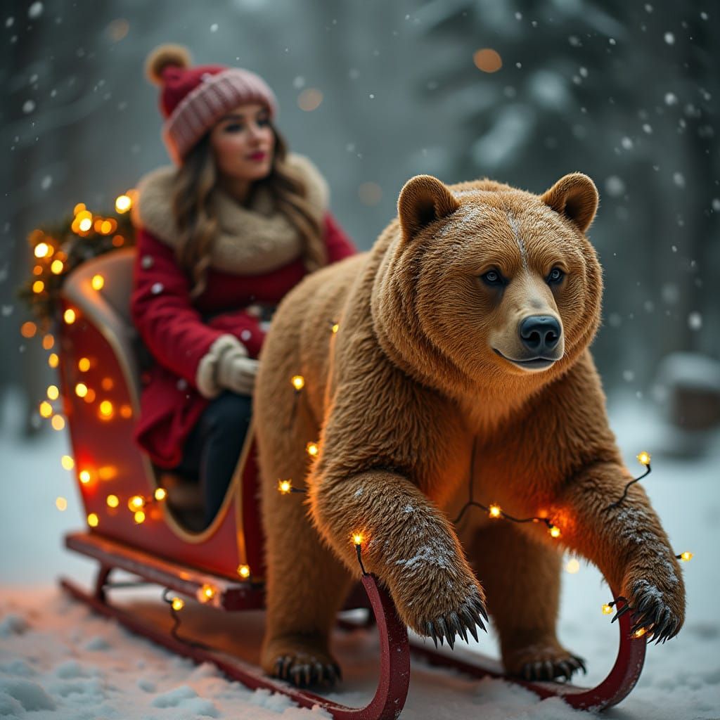 Winter Wonder Woman Rides Golden Bear Sleigh Under Twinkling...