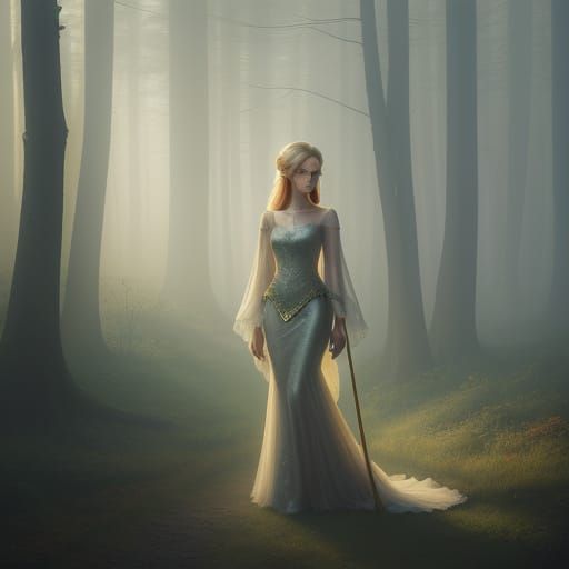 Ethereal Woman in Golden Forest with Stiletto Pumps