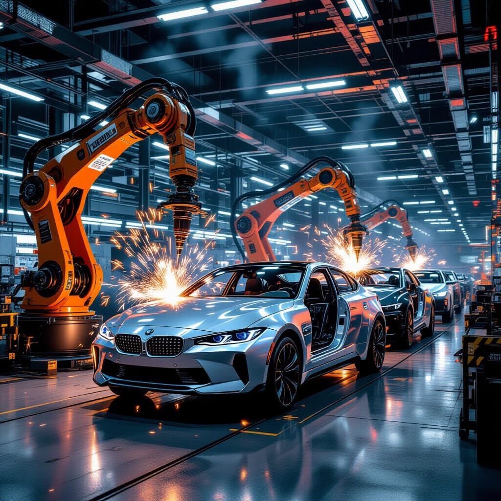 Futuristic Robotic Car Factory: Welding and Assembly