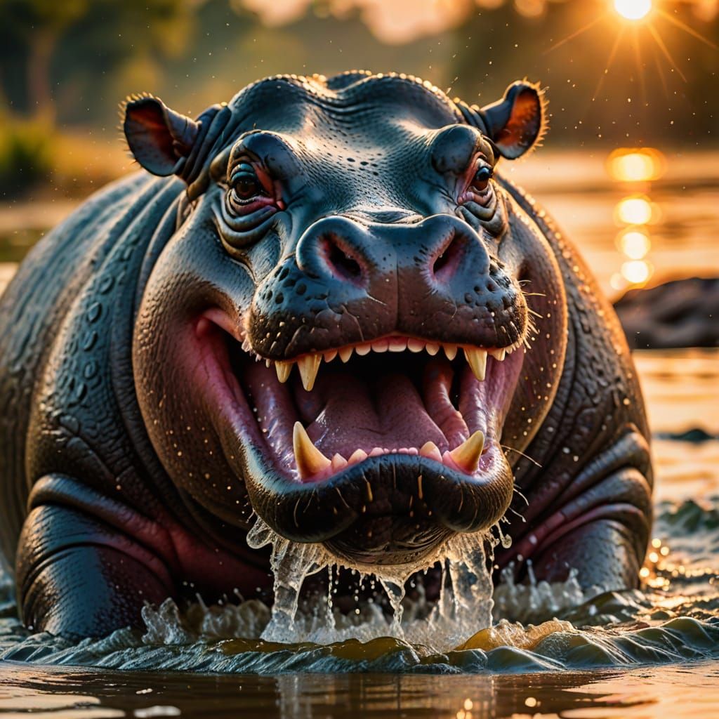 Hippo Open Mouth in River Wildlife Photo