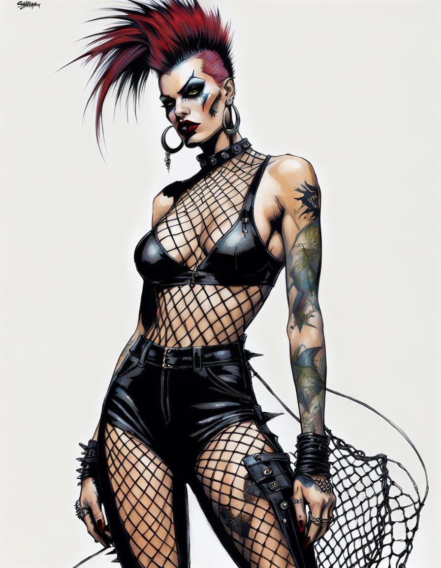 Punk Woman in Fishnet Jumpsuit
