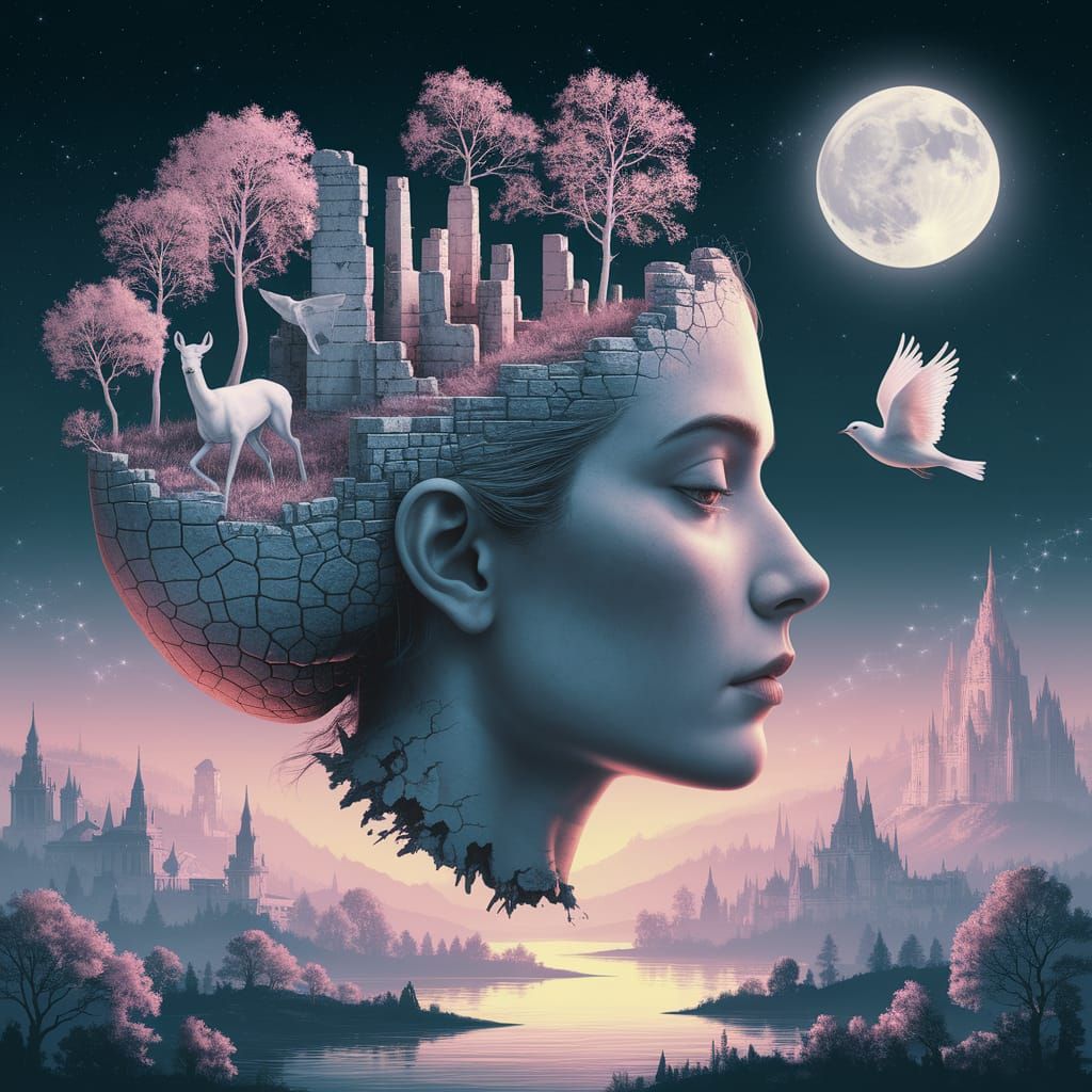 Surreal Twilight: Female Face as Ancient Ruins