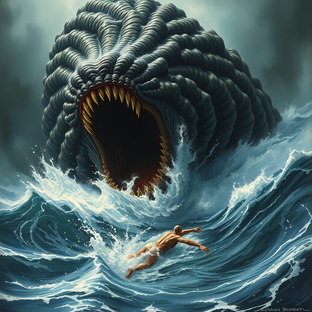 Gargantuan Sea Monster Chases Human Swimmer in Turbulent Wat...