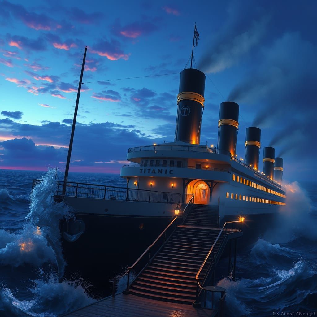 Epic Titanic-Inspired Fantasy Scene in Vibrant Twilight