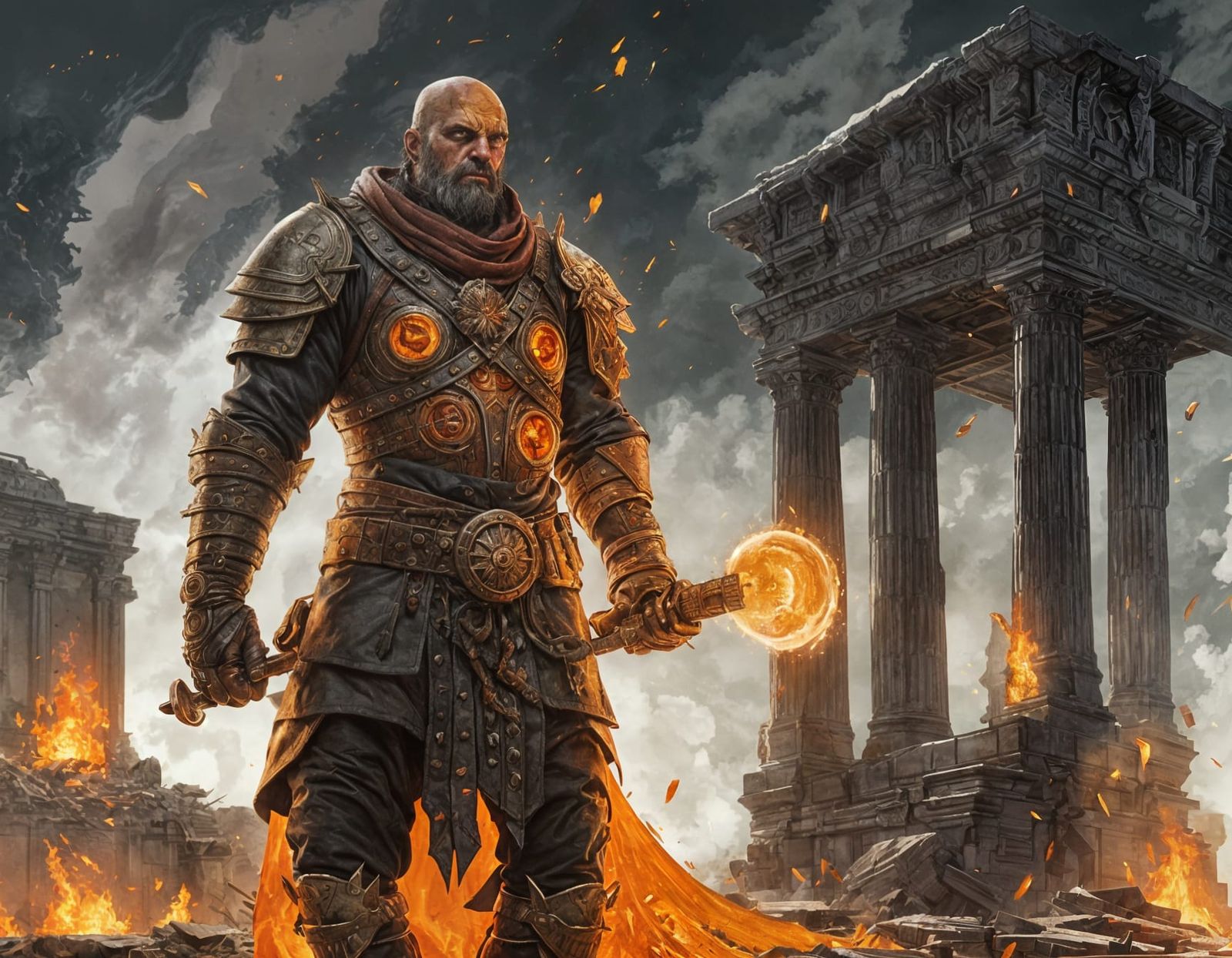 Warrior Stands Resilient Amidst Temple Ruins