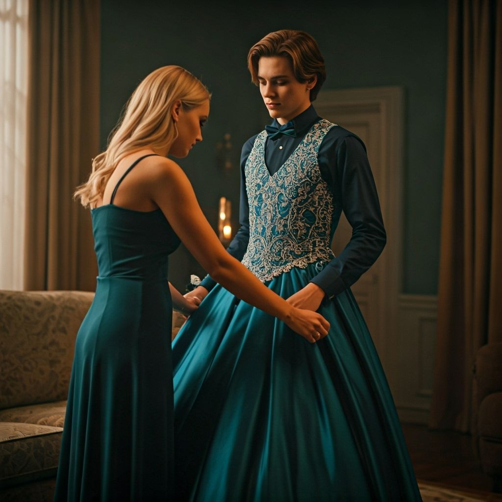 Woman Adjusting Prom Dress: Cinematic Vintage Aesthetic