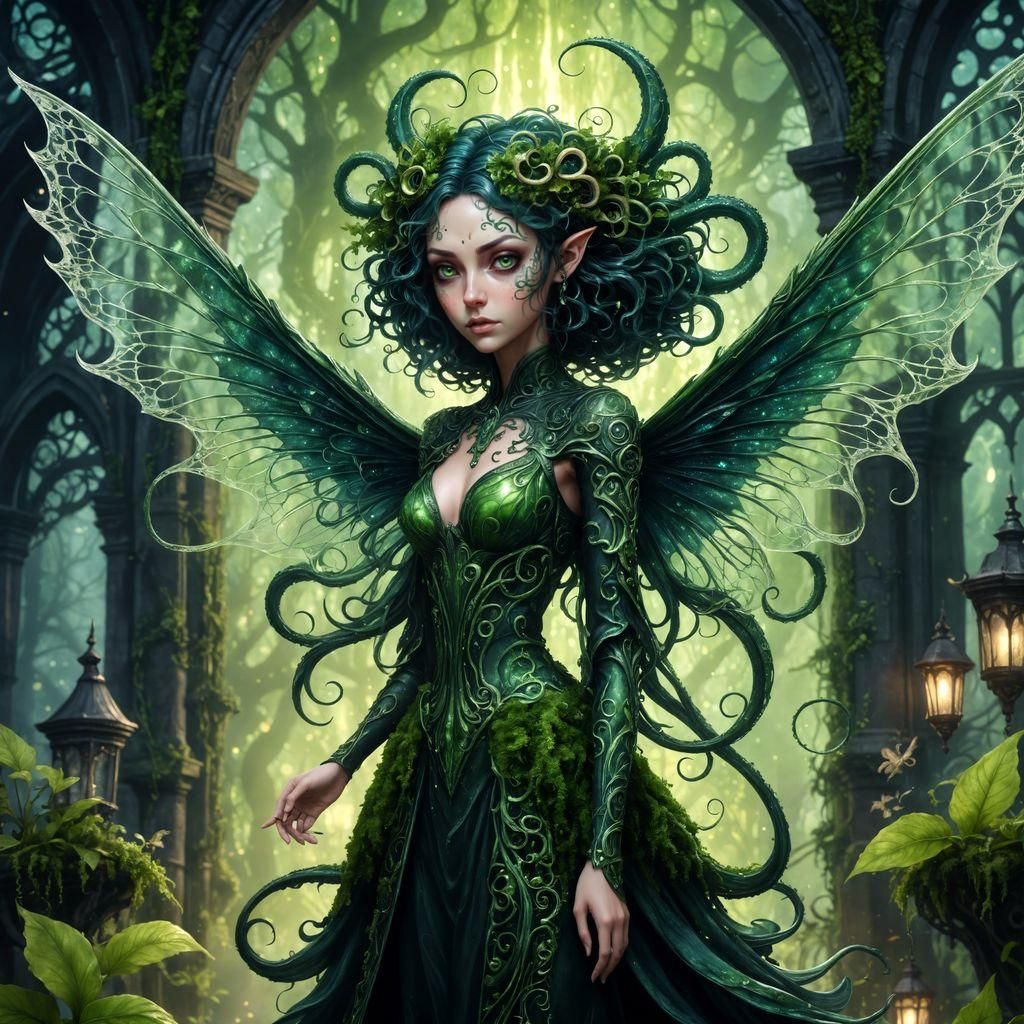 Eldritch Dark Fairy with Glowing Runes in Watercolor