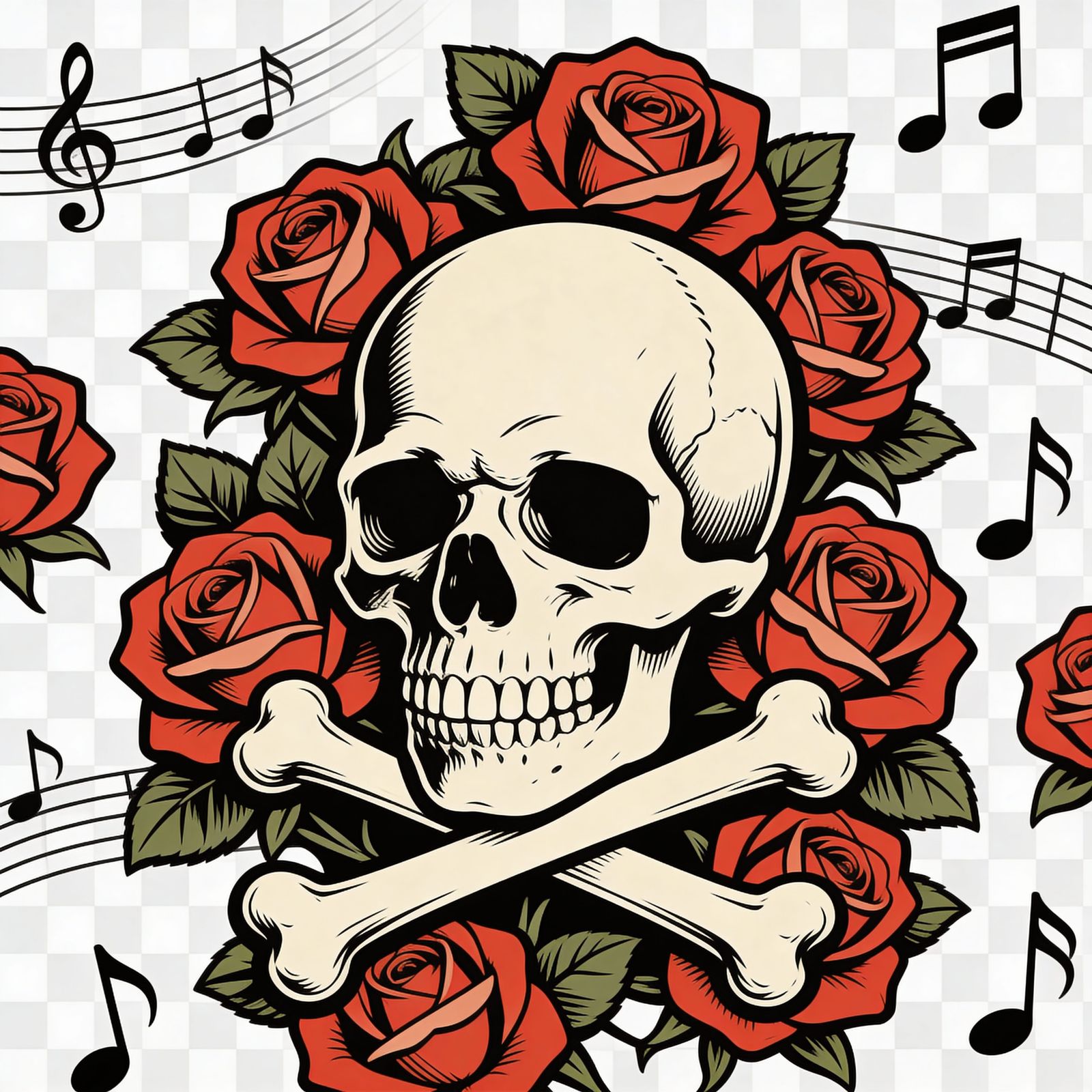Rock and Roll Skull and Roses Tattoo Art