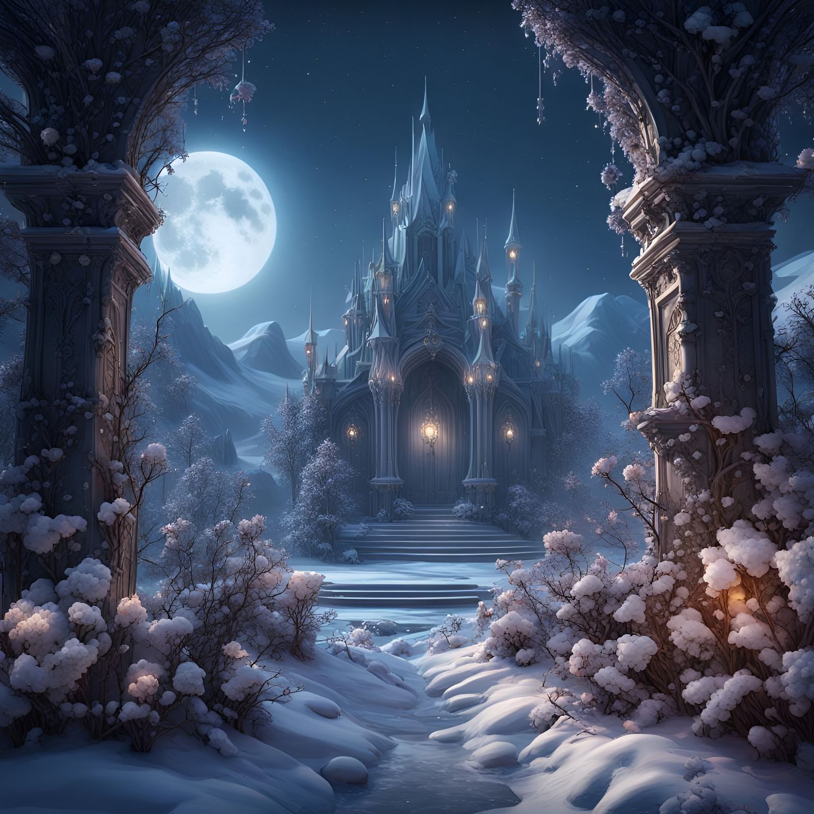 Moonlit Crystal Winter Flowers: Fantasy Concept Art