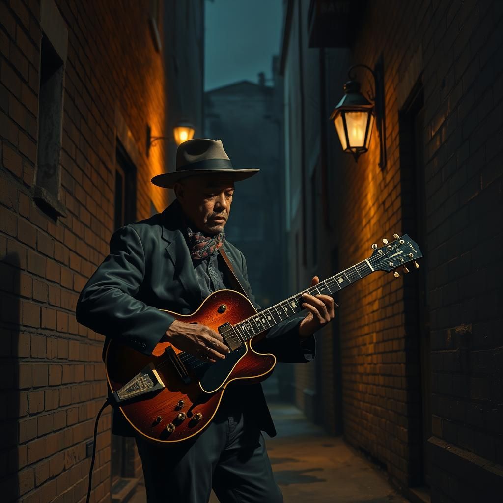 Melancholic Blues Musician in Film Noir Alleyway