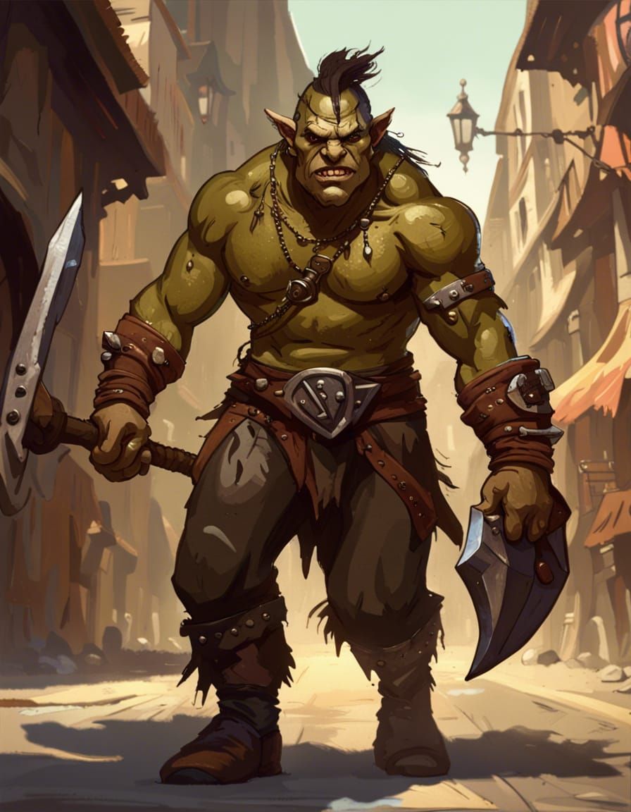 Half-Orc Barbarian Teenager in Medieval Fantasy Art