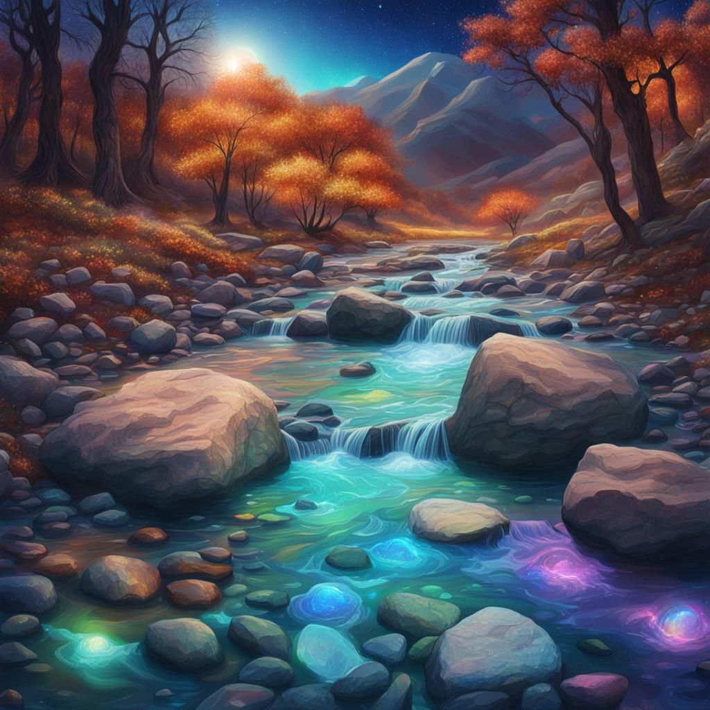 Shallow River Flowing Over Stones: Cosmic Illustration