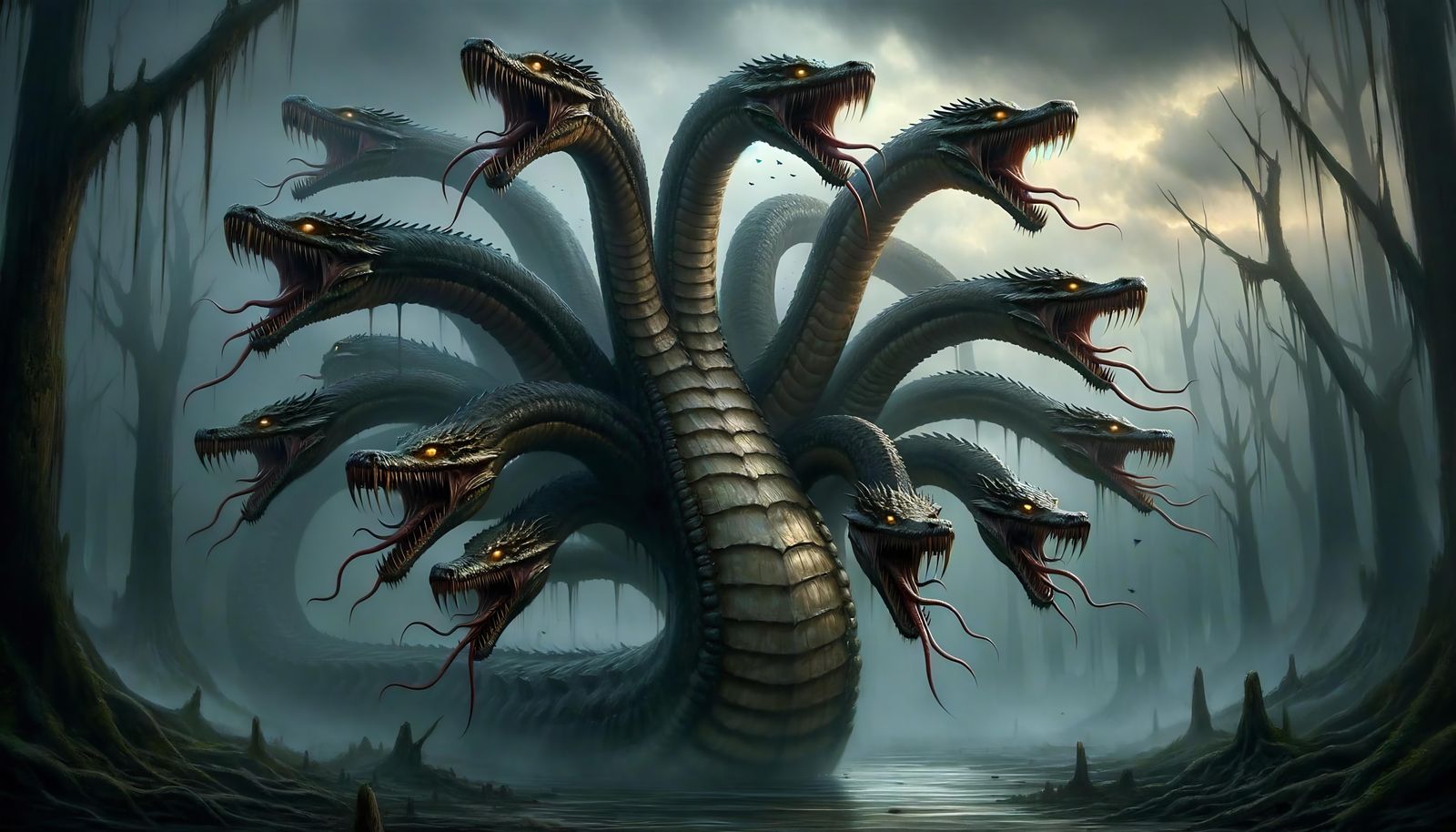 Twelve-Headed Hydra in Murky Swamp at Dusk