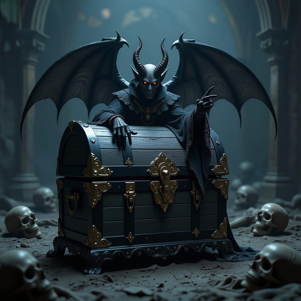 Gothic Demon Beckons from Ornate Treasure Chest