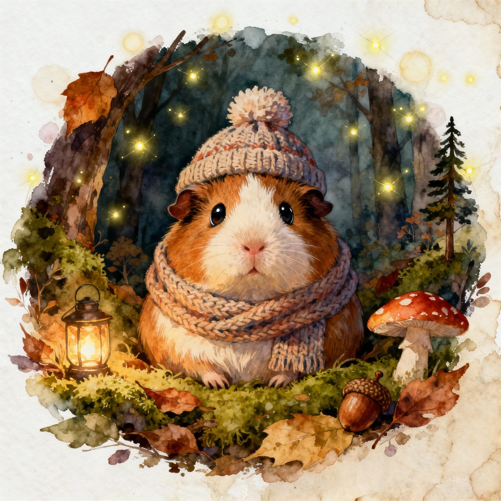 Cute Guinea Pig in Cozy Winter Scarf in Autumn Forest