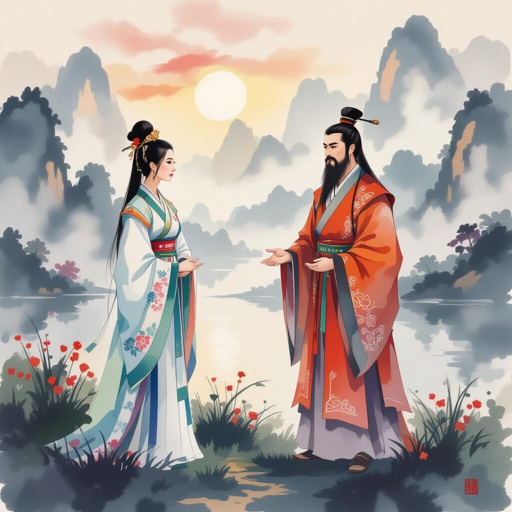 Yen Hui and Confucius in Misty Landscape